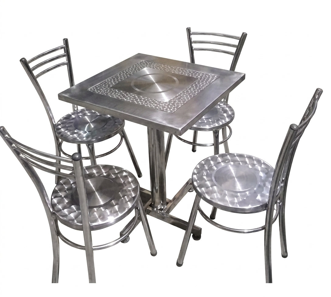 JUEGO, MESA MÁS 4 SILLAS EN LÁMINA CROMO