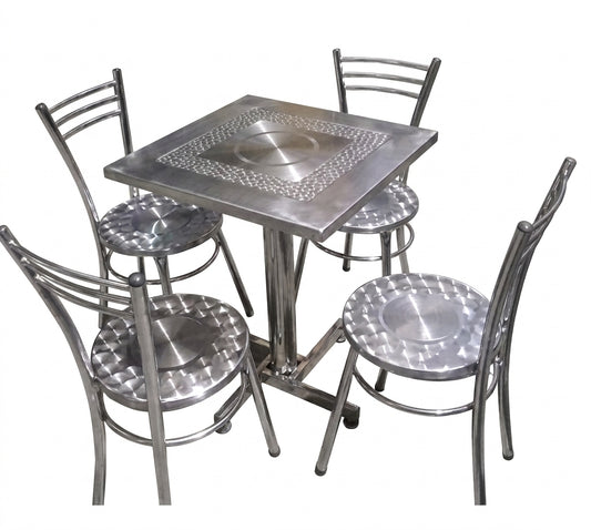 JUEGO, MESA MÁS 4 SILLAS EN LÁMINA CROMO