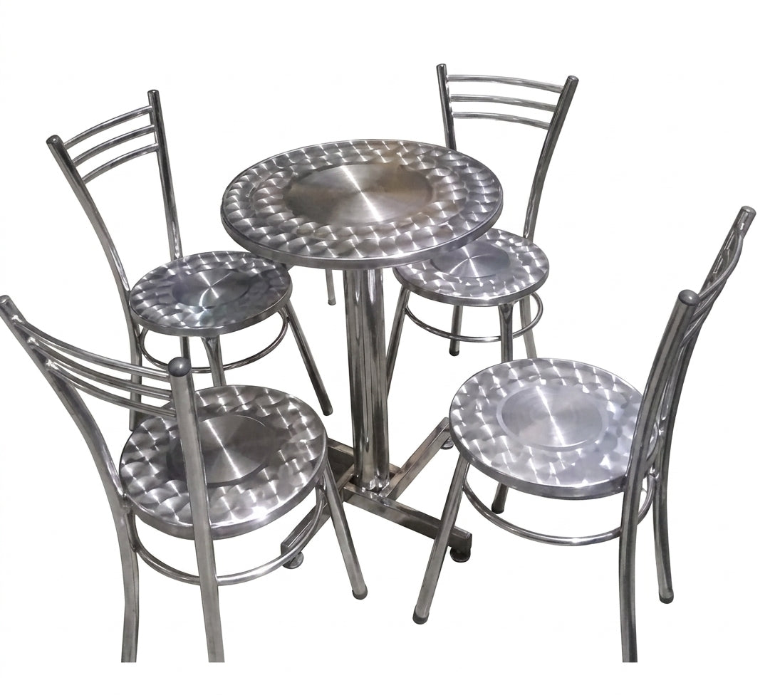 JUEGO, MESA MÁS 4 SILLAS EN LÁMINA CROMO