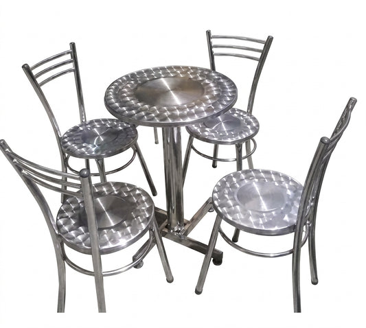 JUEGO, MESA MÁS 4 SILLAS EN LÁMINA CROMO